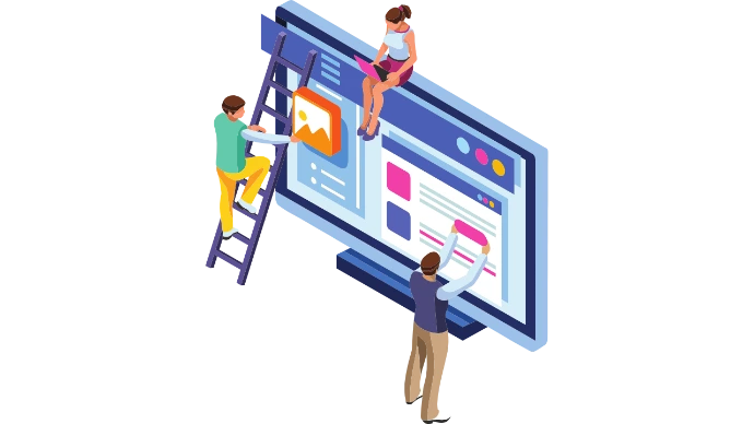 Création de site vitrine : trois personnes assemblent les images et les textes d'une page web sur un grand écran