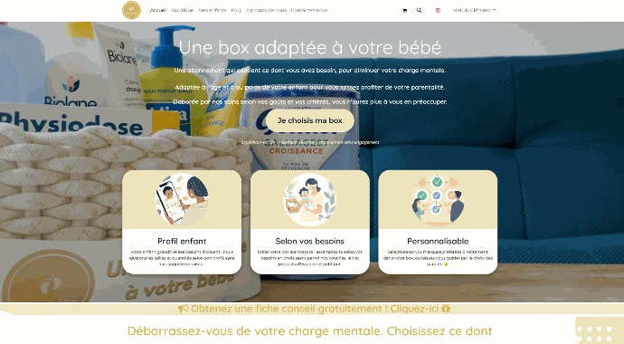 Boutique en ligne Boxabébé : page d'accueil des box d'abonnement de couches, lait et petits pots pour bébé