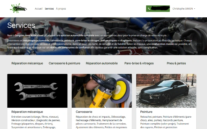 Site vitrine créé avec Odoo Website pour un mécanicien automobile : page d'accueil et services