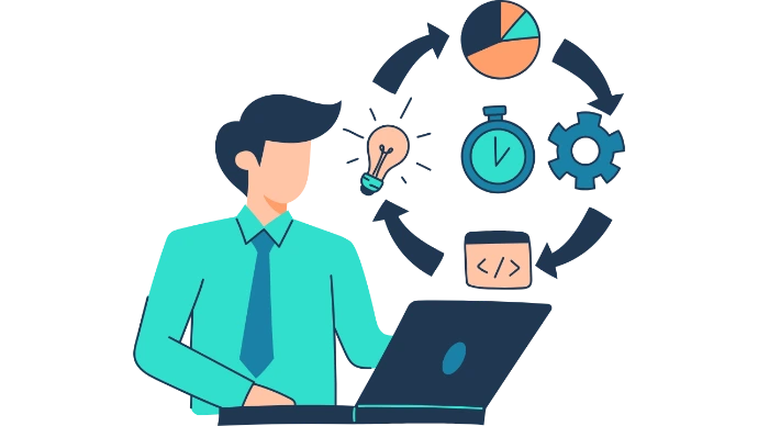 Outils pour créer un site : un créateur sur son ordinateur, entouré des étapes idée, analyse, code et réglages